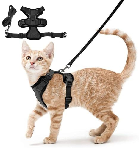 XFSRG Katzengeschirr und Katzenleine Set,Ausbruchsicher Verstellbare Weich Gepolsterte Katzengeschirr mit Leine Air Mesh Atmungsaktiv Brustgeschirr für Hunde Katze(Schwarz/Xs)