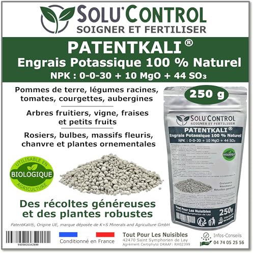250 g de PatentKali® SOLU’CONTROL – Engrais Potassique 100% Naturel – NPK 0-0-30 + Magnésium (MgO 10%) et Soufre (SO₃ 44%) – Plantes, Potager, Fruits, Fleurs – Utilisable en Agriculture Biologique