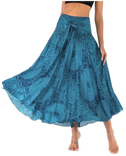 HAGOT Women's 2 in 1 Elegant Maxi Skirt, Vintage Halter Dress, Boho Summer Skirts Blue
