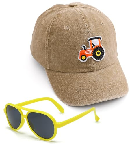 HOXSNII Traktor Baseballkappe für Kinder,2PCS Snapback Hüte und Sonnenbrille Set Baseball Cap Baseballmütze Sonnenschutz Kappe Verstellbar Sonnenhut Stickerei Sonnenmütze für Kinder (Khaki)