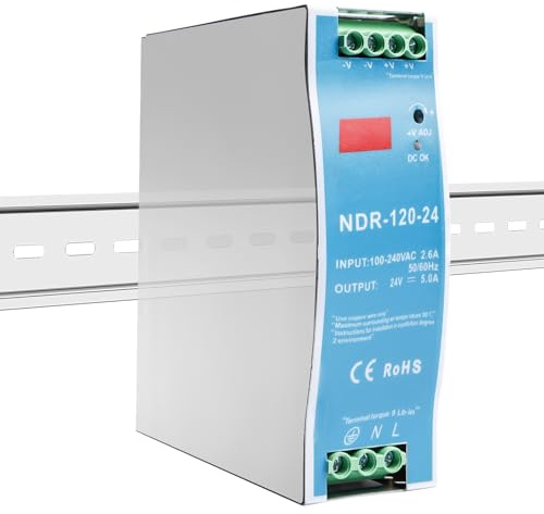 Fuente de alimentación de riel DIN NDR-120-24, 24 V, transformador de 230 V a 24 V, 5 A, 120 W, voltaje constante, terminales de tornillo, montaje directo en riel DIN.