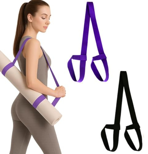 JYNVO 2 Stück Premium Yogamatte Tragegurt,Verstellbare Haltbare Schlinge,Hautfreundlich & Rutschfest,Hosenträger für Yogamatten,verstellbare Yogamattengurte,Schwarz und Lila, Einheitsgröße