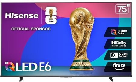 Hisense 75 E6 Cinema Series Hi-QLED 4K UHD Smart Fire TV (75E6QF, 2025 Model) - AI Light Sensor, Dolby Vision · Atmos, Voice Remote with Alexa, Motion Rate 120, HDR 10+ Adaptive, Game Mode Plus