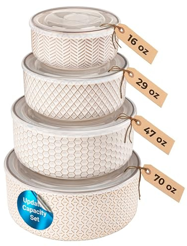 KooK Ceramic Nesting Bowls with Lids, Embossed Stoneware, Set of 4, Ivory | Narbonne Collection, Stackable, For Prep & Serving, 16/29/47/70 oz, Leak-Proof Lids, Steam Vent, Microwave & Dishwasher Safe