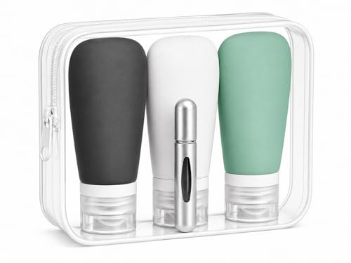 Kit Viaje Avion Botes De Viaje Rellenables 90ml + Atomizador Perfume Recargable 5Ml Apto para el Avion Botes para Gel y Champu Imprescindible Gadgets Viaje Avión y Skin Care