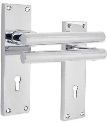 Infinity Decor Pair of Straight T-Bar Lever on Backplate Lock Door Handles Polished Chrome Passage Door Pull Set – for Interior & Exterior Doors Modern Design