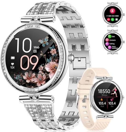 LIGE Smartwatch Damen Bluetooth Anrufe für Android iOS 1.19 AMOLED Always-on Display Diamant Frauen Smart Watch Klein Silber Edelstahl,Herzfrequenz,Schlaf Monitor,100+ Sport Fitness Activity Tracker