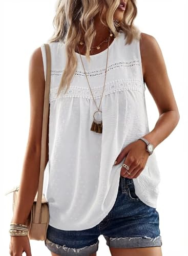 TUUHAW Vest Tops Women UK Summer Round Neck Sleeveless Shirts Casual Basic | Crochet Babydoll Blouses for Women, Flowy Tank, Boho Lace Tassel Clothing, Cute Bardot Tunic, Plain Ladies Business Beach