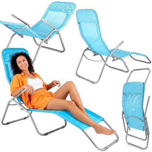 Outtec Liegestuhl Klappbar, Sonnenliege, Schwerkraft Gartenliege, Strandliege Leicht, Gartensessel, Relaxliege, Relaxsessel Garten, Klappliege aus Polyester und Stahl, Wetterfest bis 130 kg, Blau