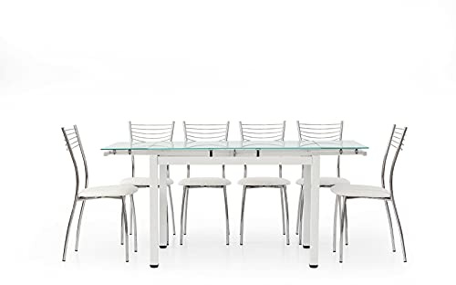 Mar.c.a. Design - Tavolo da Pranzo 110/170x70x76 cm Allungabile con Piano in Vetro e struttura in Metallo Bianco - Con 2 Allunghe da 30 cm - Made in Italy