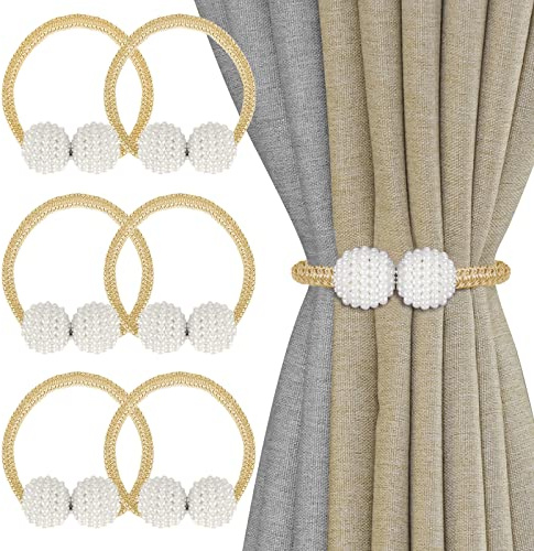 6 Piezas Alzapaños Magnéticos Cortinas,Sujeta Cortinas Decorativos,Perlas Hebillas Cuerda (Oro)