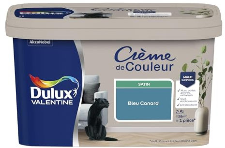 Dulux Valentine Crème de Couleur - Peinture multi-supports intérieure - Satin Bleu Canard 2,5 L