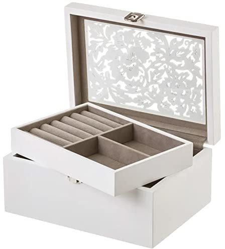 BAKAJI Portagioie Donna Colore Bianco, Scatola Custodia Porta Gioielli in Legno 2 Strati Con Coperchio Intagliato e Scomparto Removibile, Portagioielli Dimensione 10 x 22 x 16,50 cm Design Shabby Chic