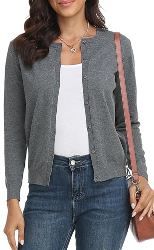 BERESIA Cardigan Donna Maglia con Bottoni Golfino Girocollo Manica Lunga Giacca Cappotto Elegante, Grigio Scuro S