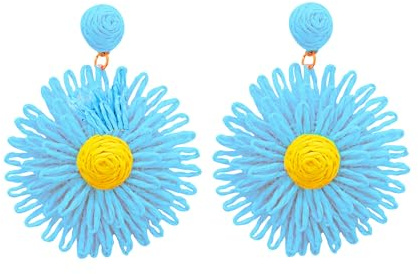 Bunte Sonnenblumen-Ohrringe für Damen, Sommer, große Anhänger, bunte Ohrringe, handgefertigt, geflochten, Rattan, Bast, Retro-Ohrringe für Reisen, Strand, recycelbar, Standard, Rattan, Kein Edelstein