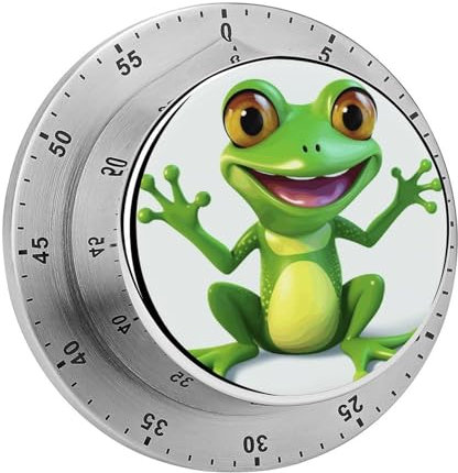 Edelstahl-Timer, grüner Frosch-Druck, Koch-Timer, visueller Timer, magnetisch, 60 Minuten aufziehbar, mechanischer Timer
