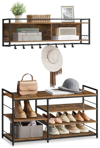 VASAGLE Hall Tree with Shoe Bench, Coat Rack Shoe Bench Set, Entryway Furniture, Multifunctional, 12 Metal Hooks, 4-Tier Shoe Rack, for Entryway, Bedroom, Rustic Brown ULSB108K01