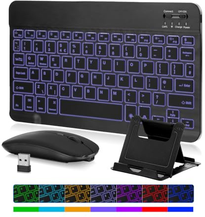 MAYPHY Kabellose Mini-Tastatur-Maus-Kombination, tragbare Tastatur mit 7-Farbiger Hintergrundbeleuchtung, 2,4G/BT-Dualmodus für iPad, Tablets, Laptops, leise Tasten und kompaktes Design, Schwarz