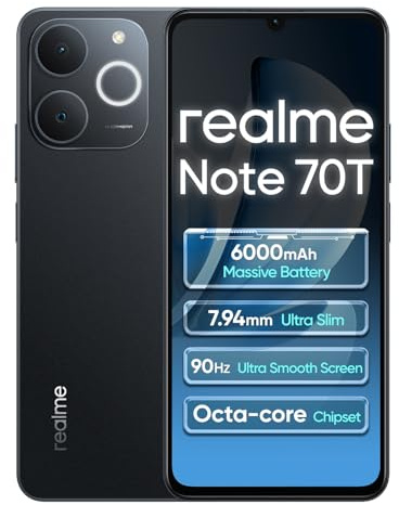 realme Note 70T 4G 4+64Go Smartphone, 6.75 Pouces d'écran, Black, 90Hz d'affichage, 6000 mAh de Batterie, 32 MP de caméra, Processeur Octa-Core Puissant, Protection ArmorShell, IP54