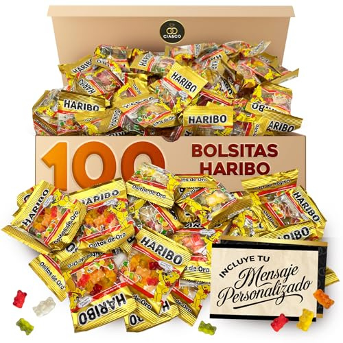100 Bolsitas de Ositos HARIBO ORO (1 Kg en Total) · Mini Packs Individuales de 10 g · Incluye Tarjeta Personalizable Cia&Co · Ideal para Cumpleaños, Halloween, Fiestas Infantiles y Regalos de Empresa