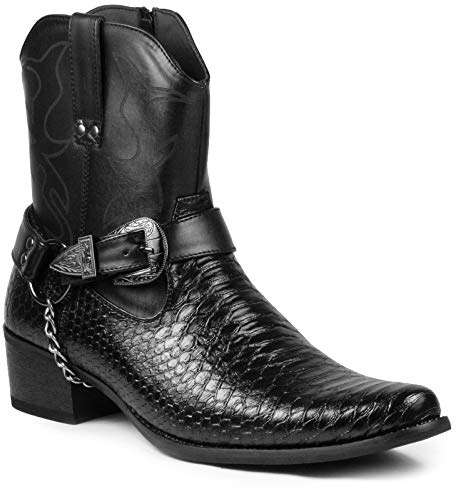 Metrocharm Diego-01 Men's Belt Buckle Chain Strap Western Cowboy Boots (9, Black)