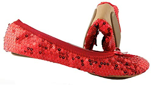 Sequin Sparkle Foldable Portable Shoes - Comfortable Women Ballet Flats that foldup and fit in Bag (7, Red)