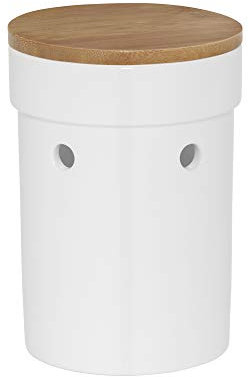 Kela Pot à Ail en Céramique, Couvercle Bambou, Salena, Hauteur 17 cm, 12066, Blanc/Bois