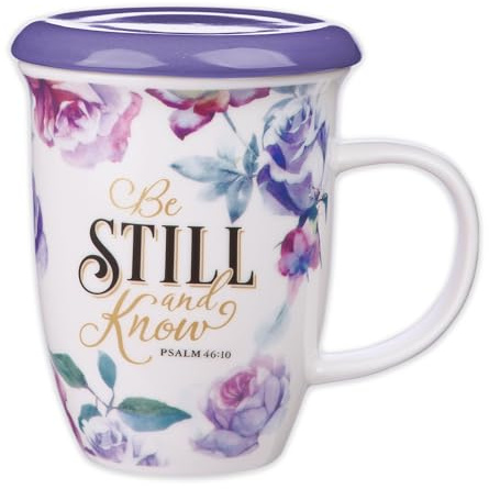 Christian Art Gifts Rose Floral Ceramic Coffee Mug with Purple Lid – 13 oz. Lead and Cadmium-free Inspirational Scripture Coffee and Tea Mug for Women with Bible Verse: Be Still and Know – Psalm 46:10