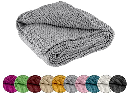 wometo Kuscheldecke Strick 140x190 grau - Strickdecke oekoTex warme weiche Decke mit edlem und schlichten Strickmuster