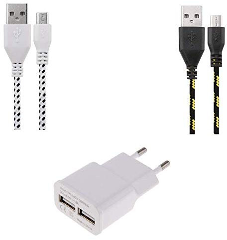 Pack Chargeur pour ALCATEL 1B Smartphone Android Micro USB (2 Cables Tresse 3m + Prise Secteur Double USB)