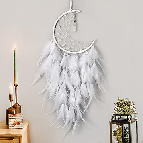 Weldomcor Traumfänger, handgefertigt, Feder, Mond, Boho, Wandbehang, Traumfänger, bunt mit Steinanhänger, Bohemian-Stil, für Kinderzimmer, Geschenk, Ornament, Handwerk, Heimdekoration (weiß)
