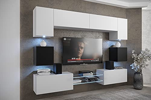 Furnitech Wohnwand Wohnzimmer - Hängend Wohnwand Modern Schrankwand mit Regale und TV Schrank Möbel ohne LED (Nowara ANX1-17WB-M20-1A)