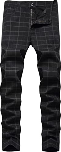 HENGAO Pantalon Chino à Carreaux pour Homme Coupe Droite, Z- Noir., 46