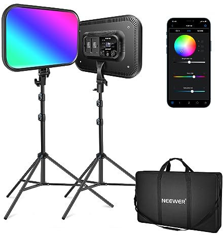 NEEWER RGB168 18,3 Luce Video con Cavalletto 2Pack, Luci Fotografiche con Controllo App 360° Full Color 60W Dimmerabile 2500K-8500K CRI97+ 17 Effetti Faretto LED per Fotografia/Studio/Gioco/YouTube