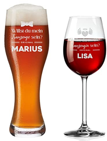 Weinglas und Weizenbierglas 2er-Set - mit personalisierter Gravur - Wunschname - für Trauzeugen - für Weißbier und Weißwein - Mann und Frau - Motiv Trauzeuge & Trauzeugin sein
