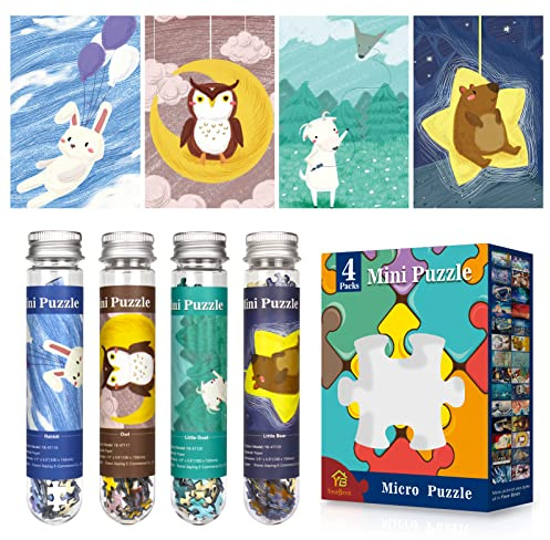 Mini-Puzzles für Erwachsene 4er-Set – je 150 Teile herausfordernde Mikropuzzles, Reagenzglas-Kleinpuzzles, tragbare Taschenpuzzles für Reisen, je 10×15 cm