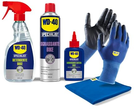 WD-40 - Specialist - Kit Manutenzione Bike On Road - 1 Detergente Spray 500ml + 1 Sgrassante Spray 500ml + Lubrificante Catena Condizioni Asciutte 100ml + Guanti Di Precisione + Panno In Microfibra