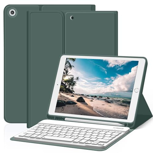 ZOYU Tastatur Hülle für iPad 9./8./7. Generation 10,2 Zoll 2021/2020/2019 | Für iPad 10,2 9/8/7 Gen, Magnetisch Abnehmbarer Bluetooth Keyboard Folio mit Stifthalter, QWERTZ Layout, Dunkelgrün