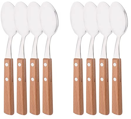 Uniturcky Esslöffel-Set aus natürlichem Holz, 20,1 cm, Edelstahl-Tafellöffel mit Holzgriff, Nietengriff-Design, 8 Stück