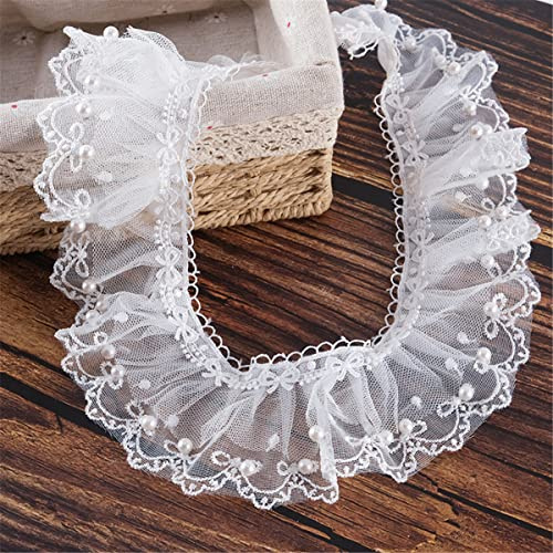 6 cm x 2 Yards Perlenband Spitzenband Perlenbesatz Rüschenband Dekoband | Spitzenbesatz Spitzenbordüre Häkelspitze Stoffbordüre Zierband Rüschenborte Plissierte Stoffbordüre für Nähen DIY Kleidung