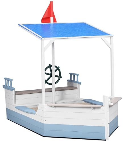 Outsunny Kids Sandbox with Canopy, Pirate Ship Wooden Sand Boxes with Bench for Backyard, Sand Pit for Toddlers, 83 x 43, Blue