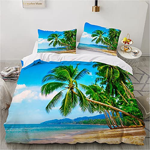 Damier Bettwäsche 155x220 3 Teilig Strand Meer 3D Bettwäsche Blau Grün Beach Weich Mikrofaser Bettbezug Set für Zimmer Deko Hawaii Strand mit Reißverschluss und 2 Kissenbezüge 80x80 cm