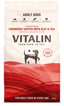 Vitalin Adult Farmhouse Supper with Beef and Veg Dry Dog Food | Added Joint, Gut & Dental Support | 12KG