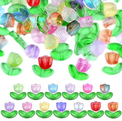 JMKTOOL Tulip Flower Beads, 100pcs Glass, Mixed Colors, Translucent, for DIY Jewelry Making, Spring Gifts