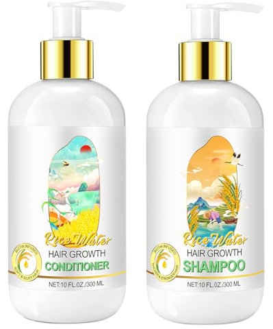 Reiswasser Shampoo und Conditioner Set für Haarwachstum, Nachwachsen, dünner werdendes Haar und gegen Haarausfall, Herbst mit natürlichen Inhaltsstoffen wie Biotin, Keratin und Koffein (Rice-300ml)