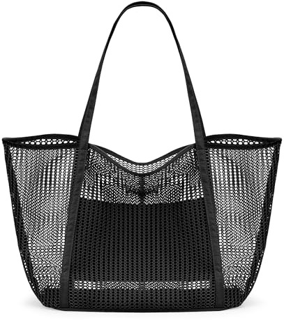 KALIDI FANCY FOREST Faltbare Mesh Strandtasche XXL Familie, Große Strandtasche Badetasche Shopper Tasche Damen für Urlaub Sauna Sport,Schwarz