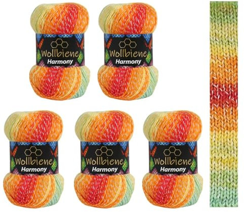 5 x 100g Wollbiene Harmony Batik 500 Gramm mit Farbverlauf 30% Baumwolle mehrfarbig Multicolor Strickwolle Häkelwolle Wolle Ganzjahreswolle (8020 grün rot orange gelb)