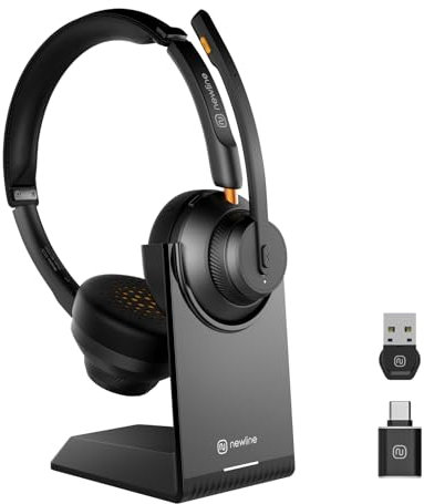 NewlineWork NewCoo 50CDB Casque Audio Bluetooth sans fil USB avec microphone antibruit pour le travail Casque de bureau avec micro muet et base de charge pour PC/ordinateur portable/ordinateur/centre