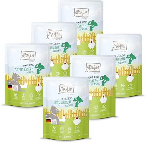 MjAMjAM - Premium våtfoder för katter - Quetschie - Chicks & Friends saftig kyckling med broccoli, 6-pack (6 x 300g), spannmålsfri