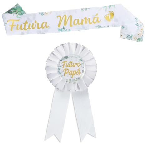 BETESSIN Decoración Baby Shower Español, Banda Futura Mamá + Insignia Futuro Papá, Regalo para Fiesta de Baby Shower, Revelación de Género